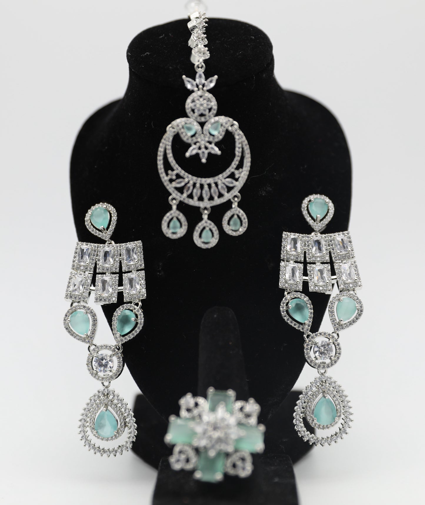 π Baby Blue Bridal American Diamond Jewelry Set β Necklace, Earrings, Ring & Tikka β¨