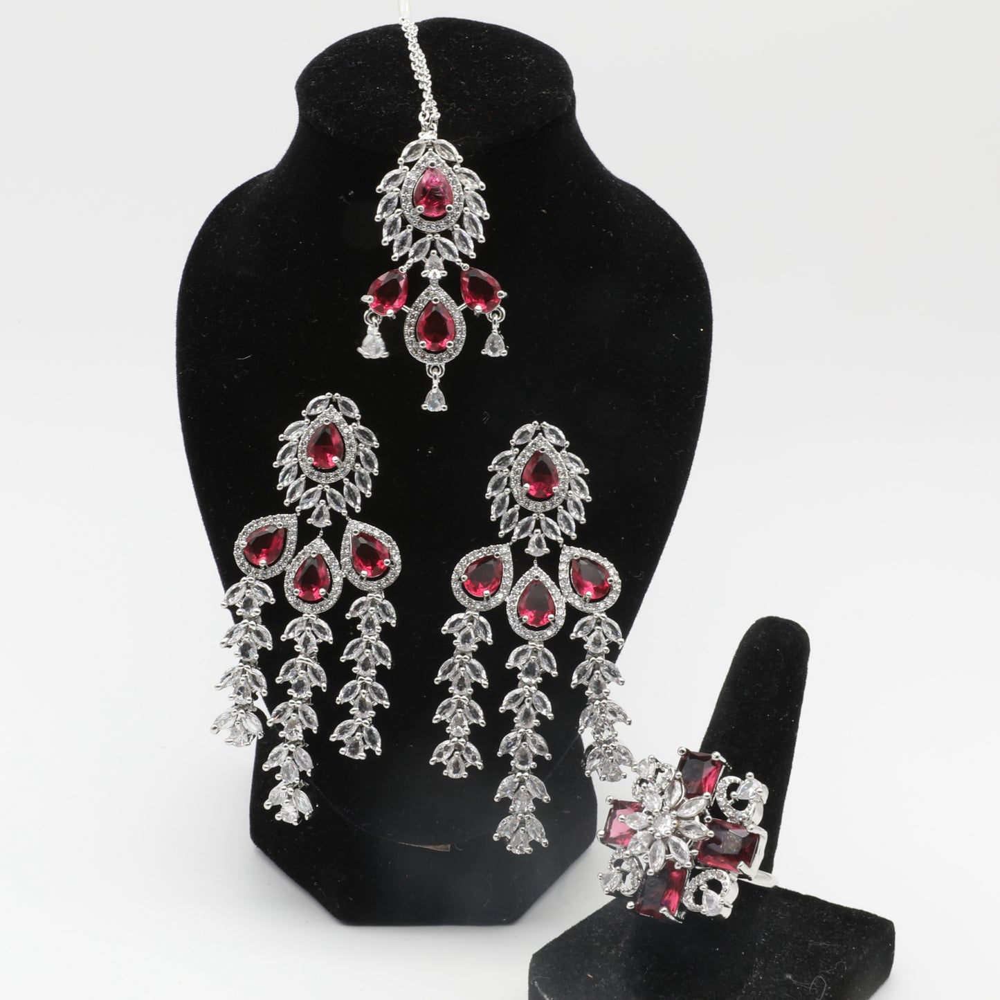 π Bridal American Diamond Jewelry Set β Necklace, Earrings, Tikka & Nath β¨