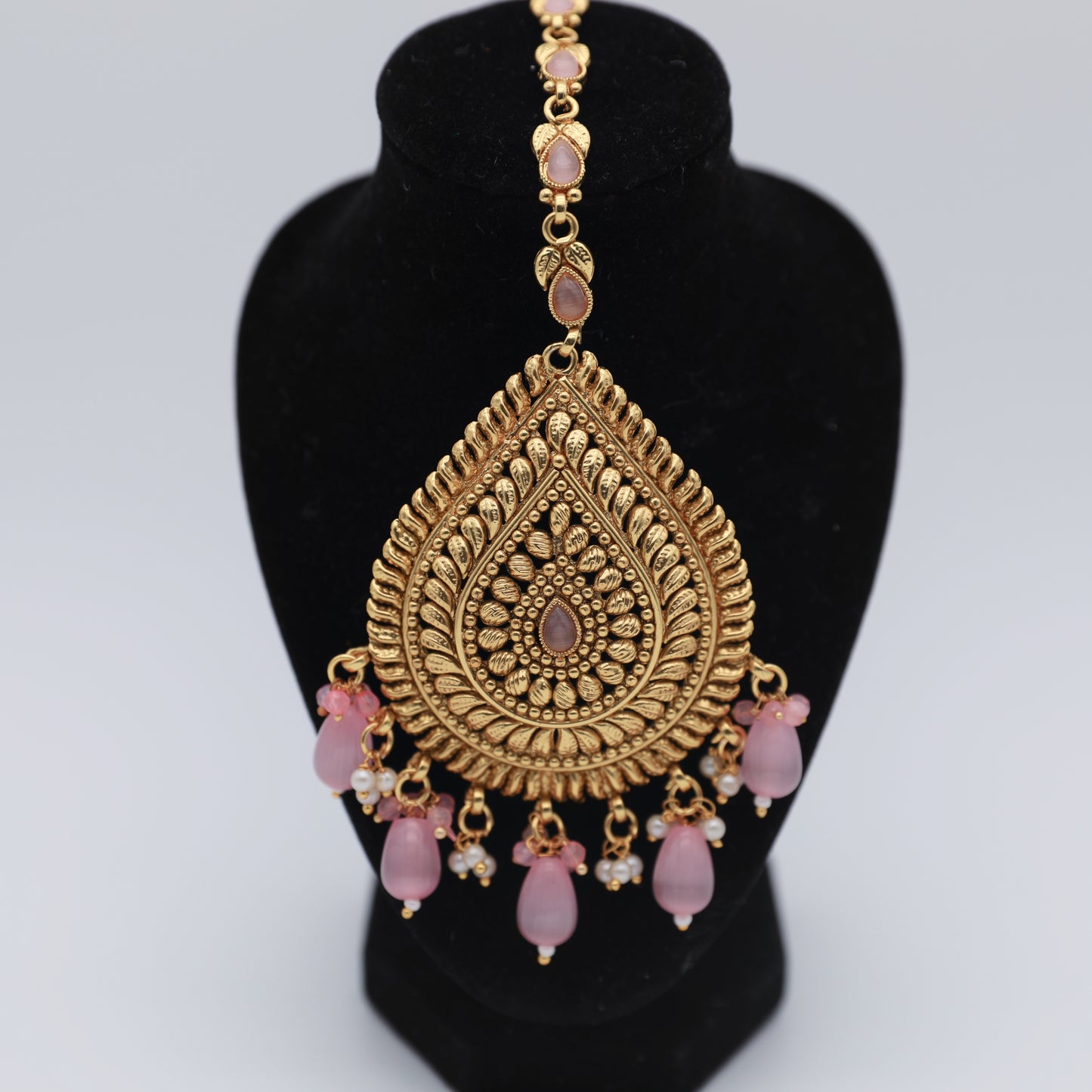 Antique Gold Pink Necklace Set with Tikka β Necklace, Earrings & Tikka