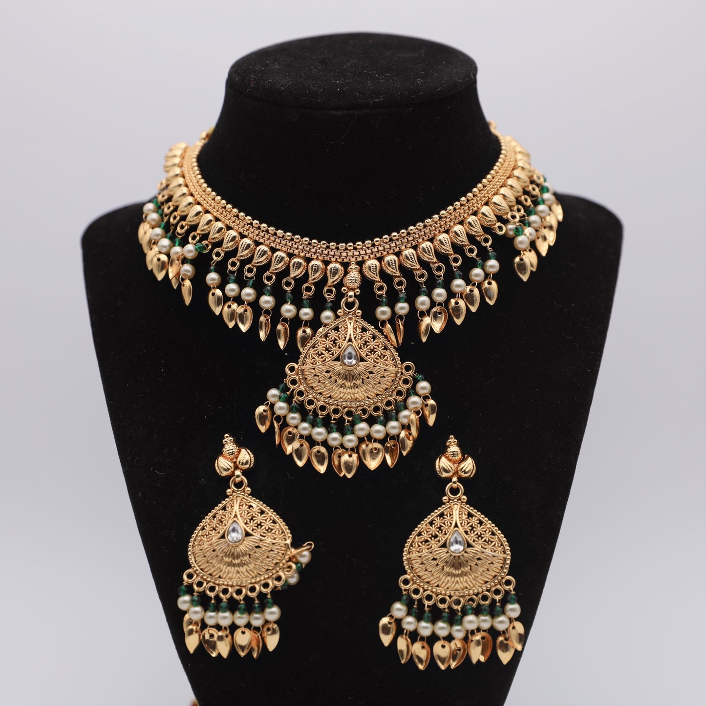Gold Plated Traditional Pipal Patti Set with Earrings β White, Pink & Green ππΈπβ¨