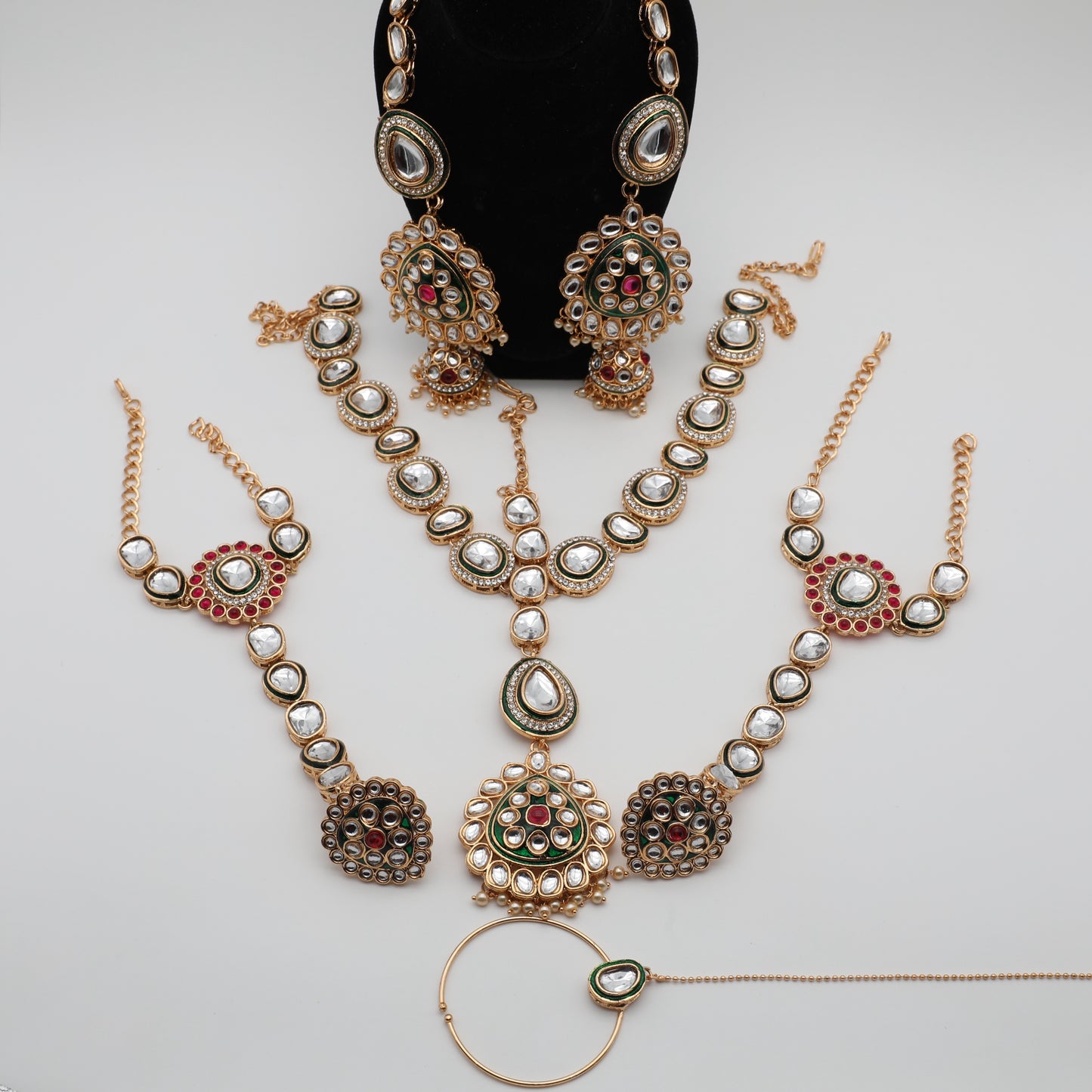 π Bridal Jewelry Set β Necklace, Rajwadi Long Haar, Earrings with Sahara, Tikka, Nath & Handpiece