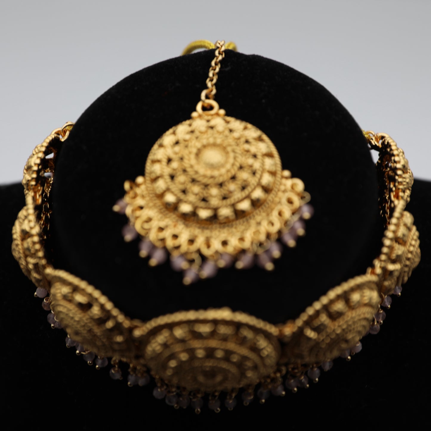 Gold-Plated Jewelry Set with Tikka β Necklace, Earrings & Tikka (Gold π | Pink/Lavender π)
