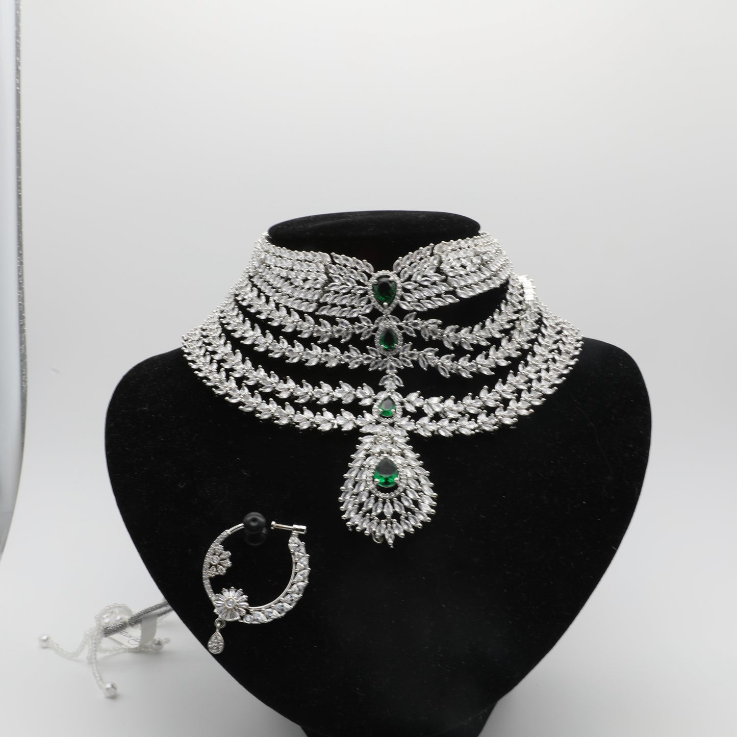 💎 Bridal American Diamond Jewelry Set – Necklace, Earrings, Tikka & Nath ✨