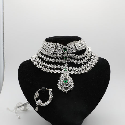 💎 Bridal American Diamond Jewelry Set – Necklace, Earrings, Tikka & Nath ✨