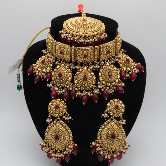 Antique Gold Ruby Necklace Set with Tikka – Necklace, Earrings & Tikka