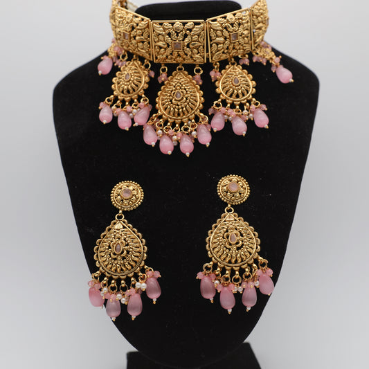 Antique Gold Pink Necklace Set with Tikka – Necklace, Earrings & Tikka
