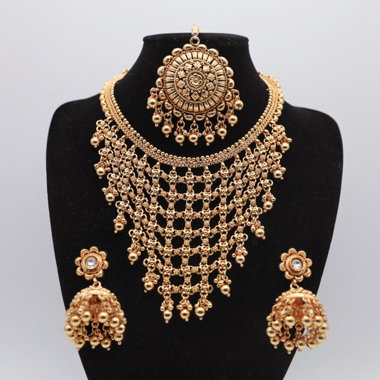 Matte Finish Necklace Set with Tikka – Necklace, Earrings & Tikka