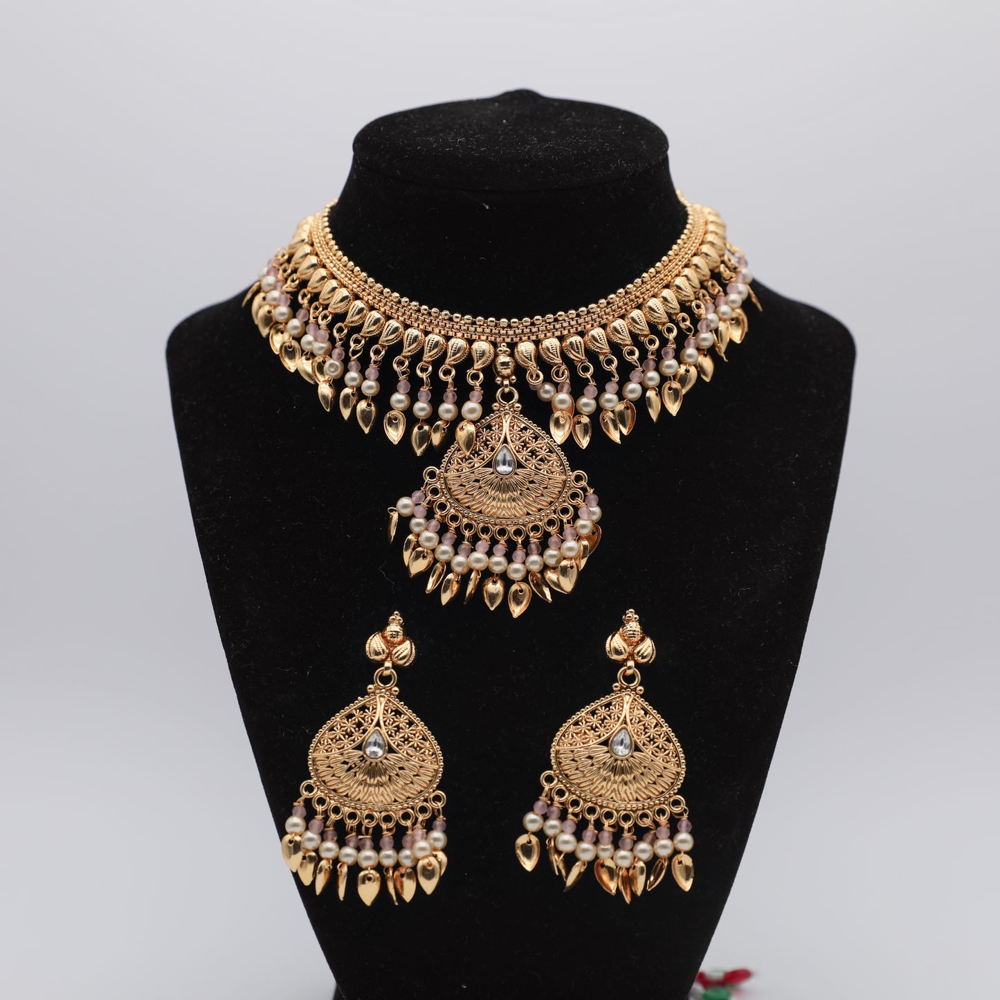 Gold Plated Traditional Pipal Patti Set with Earrings – White, Pink & Green 👑🌸💚✨