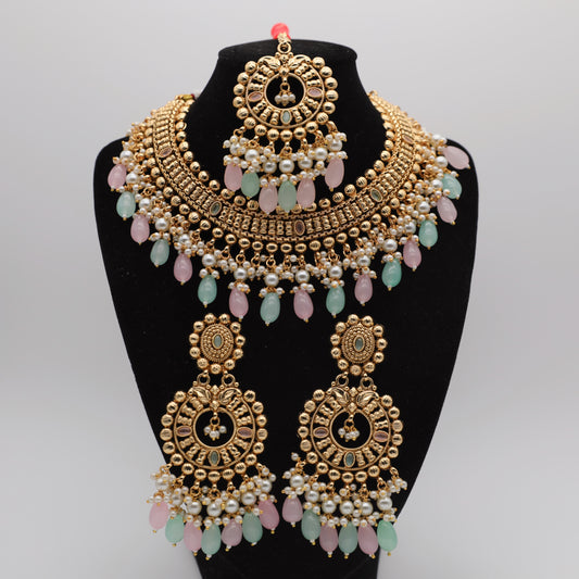 Gold Plated Set with Tikka – Mint & Pink 🌸💚👑✨