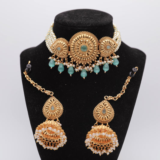 Gold Plated Set with Tikka – Mint Blue 💎💙👑✨