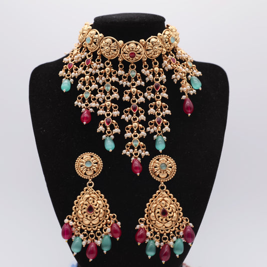 Gold Plated Set with Tikka – Ruby Mint & Pure White 💎💖🤍👑✨