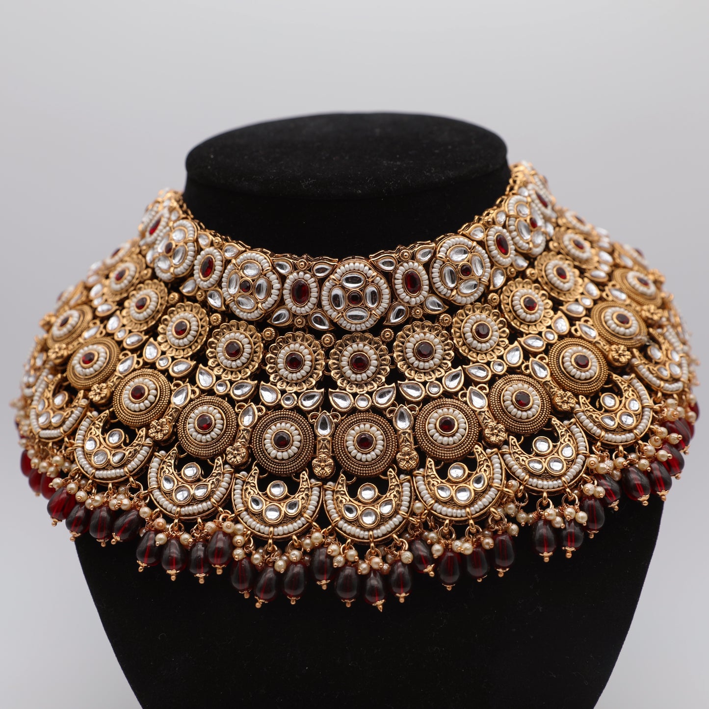 👑 Bridal Maroon Red Rajwadi Set – Necklace, Rajwadi Long Haar, Earrings with Sahara, Tikka, Sheesh Patti, Nath & Handpiece