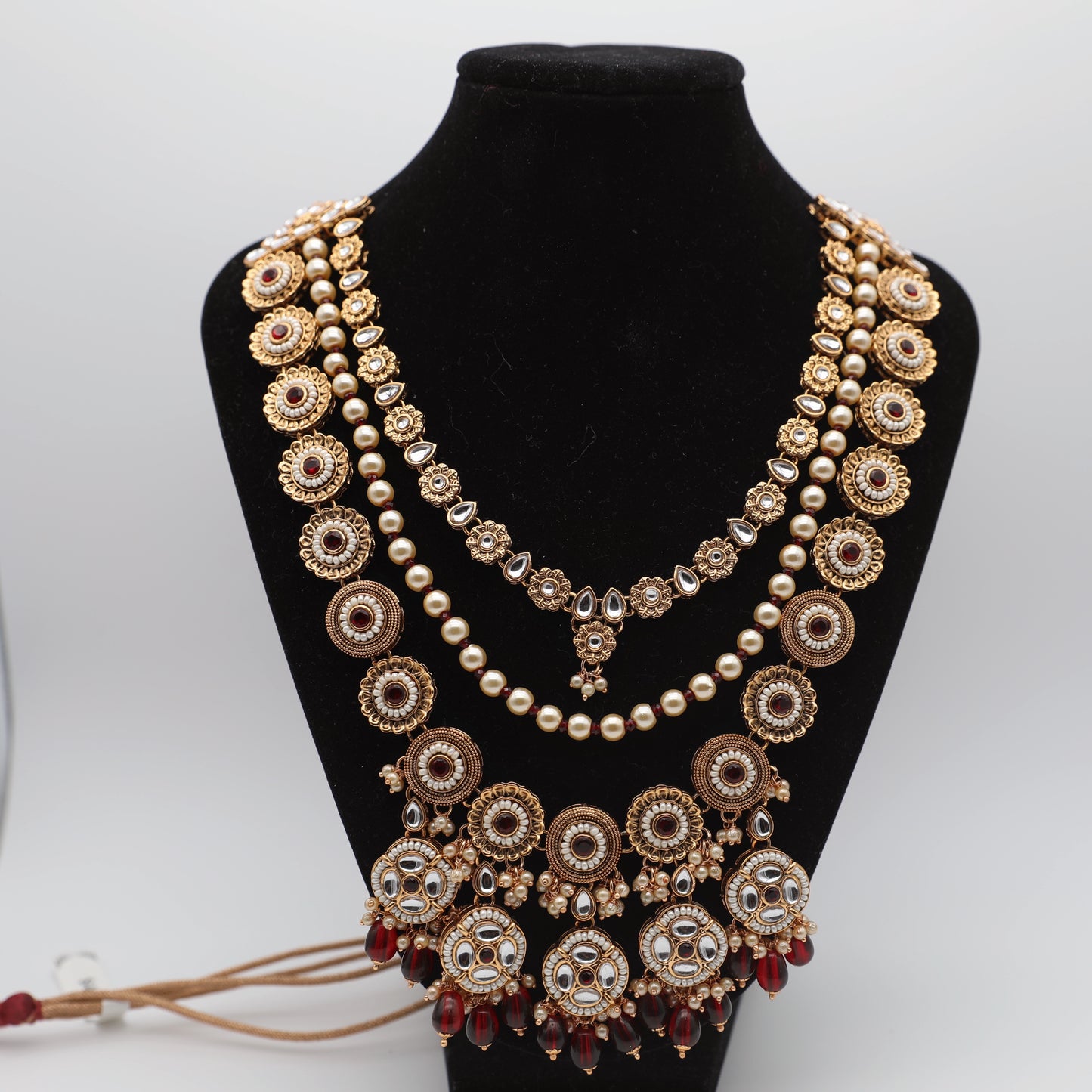 👑 Bridal Maroon Red Rajwadi Set – Necklace, Rajwadi Long Haar, Earrings with Sahara, Tikka, Sheesh Patti, Nath & Handpiece