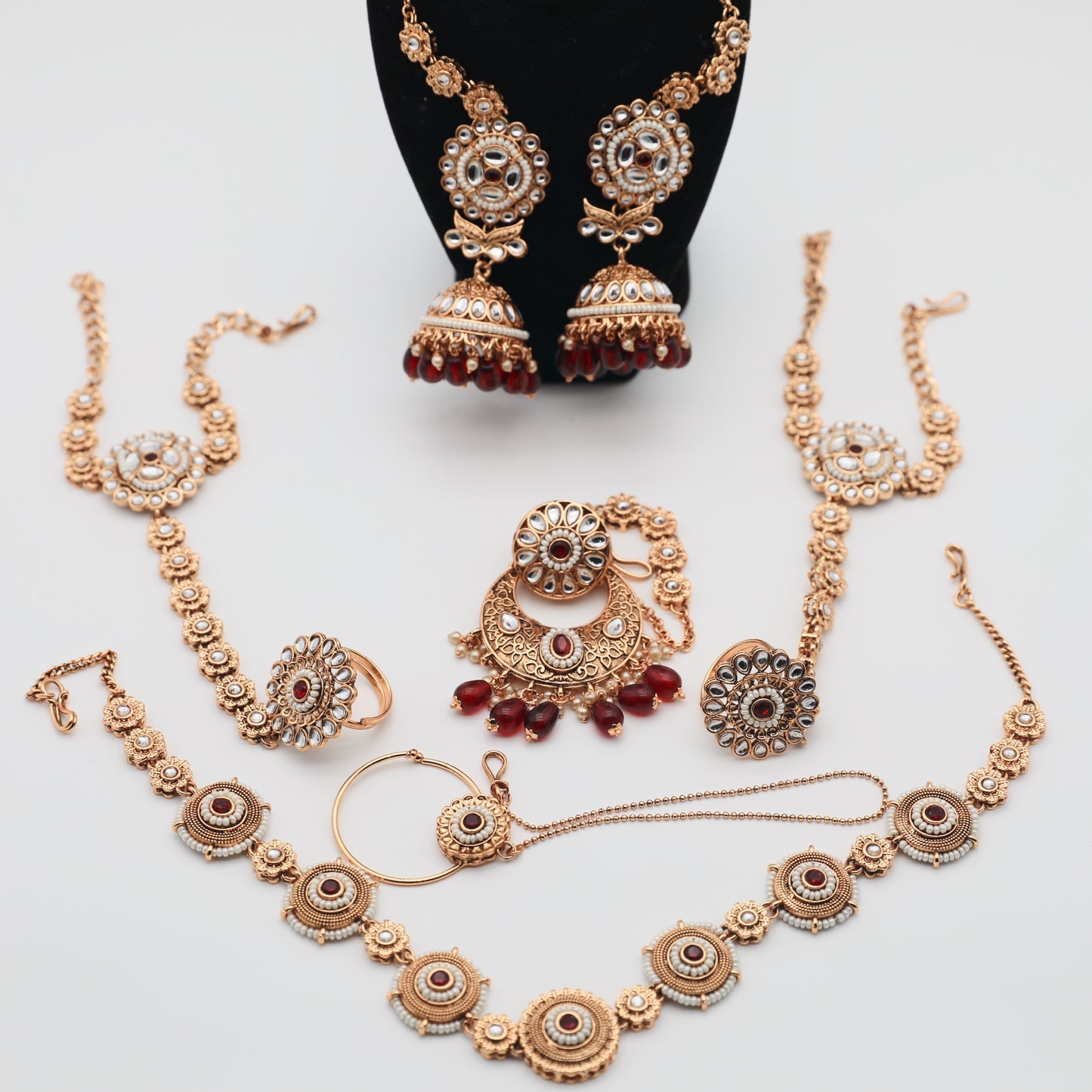 👑 Bridal Maroon Red Rajwadi Set – Necklace, Rajwadi Long Haar, Earrings with Sahara, Tikka, Sheesh Patti, Nath & Handpiece